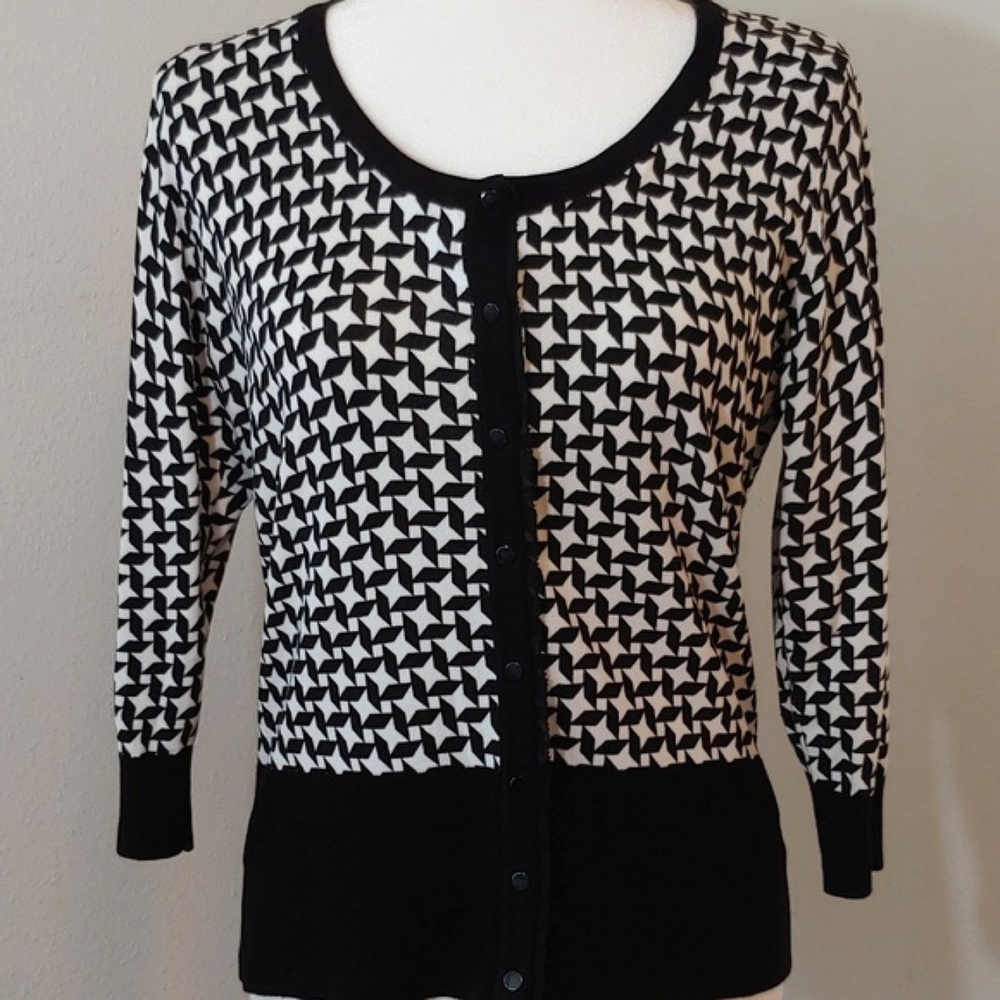 White House Black Market Women's Geometric Black & White Cardigan Large